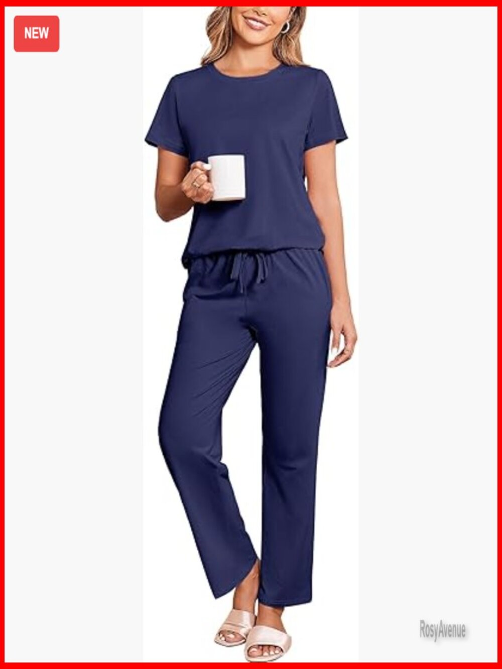 Cotton Pajama Set Short Sleeve Top & Long Pants Soft Loungewear